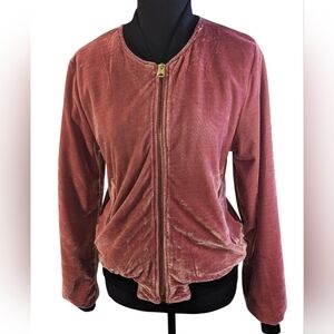 Love Tree Pink Velour Bomber Jacket - Rose With black Trim Size M Flaws